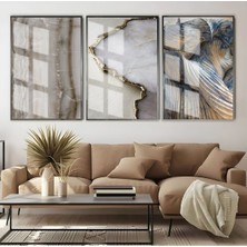 Harikabirev|krem-Mavi-Beyaz Soyut Kombin |çerçeveli Cam Tablo  3lü Dikey