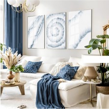 soft Mavi-Beyaz Soyut Bohem Seti |çerçeveli Cam Tablo 3lü Dikey