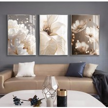 krem-Gold Renk Soft Çiçek ve Soyut Kombin 2 |çerçeveli Cam Tablo 3lü Dikey