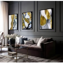 Harikabirev|gri-Beyaz-Gold Soyut Kombini 02 |çerçeveli Cam Tablo  3lü Dikey