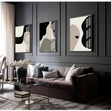 bej-Siyah-Krem Soyut Abstract Kombin 1 |çerçeveli Cam Tablo 3lü Dikey