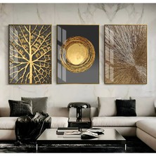 gri-Gold Sevilen Soyut Abstract Kombin 03|çerçeveli Cam Tablo 3lü Dikey