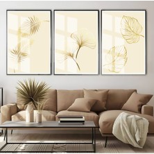 krem-Gold Tropik Yapraklar Kombini |çerçeveli Cam Tablo  3lü Dikey