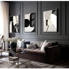 antrasit Gri-Krem Modern Soyut Vektörel 4 Çalışma |çerçeveli Cam Tablo 3lü Dikey