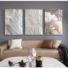 beyaz-Krem -Gold Soft Renk Soyut Yaprak Tüy Seti |çerçeveli Cam Tablo 3lü Dikey