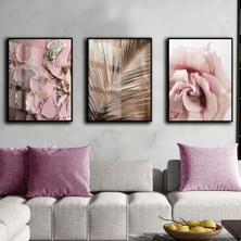 Harikabirev|pudra Pembe Renk Gül-Yaprak-Soyut |çerçeveli Cam Tablo 3lü Dikey