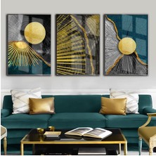 turkuaz-Gold En Şık Soyut Kombini|çerçeveli Temperli Cam Tablo 3lü Dikey