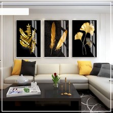 siyah-Gold Yapraklar  Seti 01 |çerçeveli Cam Tablo 3lü Dikey