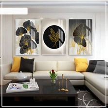 gri-Siyah-Gold Soft Soyut Yaprak Seti |çerçeveli Cam Tablo 3lü Dikey