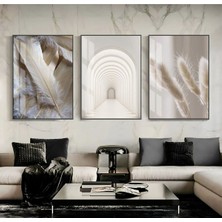 soft-Krem Soyut Abstracrt Kombini |çerçeveli Cam Tablo 3lü Dikey