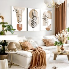 krem-Kahverengi Minimalist Bohem Yaprak Seti |çerçeveli Cam Tablo 3lü Dikey