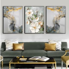 su Yeşili-Gold En Şık Çiçek Kombini|çerçeveli Temperli Cam Tablo 3lü Dikey