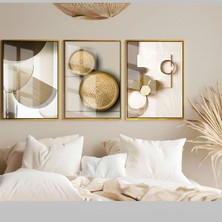 soft-Altın Aynalı Soyut Kombini |çerçeveli Temperli Cam Tablo 3lü Dikey