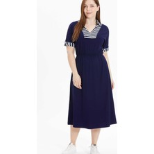 Selen V Yaka Çizgili Lacivert Standart Kadın Elbise 25YSL7585-BB