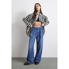 Yüksek Bel Pileli Geniş Paça Jean Mavi