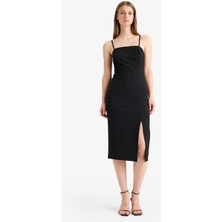 DeFacto Kare Yaka Basic Düz Yırtmaçlı Askılı Midi Siyah Elbise A4878AX25SP