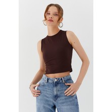 Sıfır Kol Crop Bluz Kahve