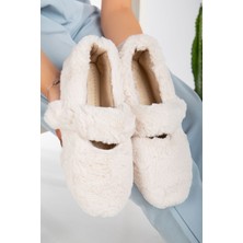 Slipcat Kadın Yumuşak Peluş Ev Babeti Hafif Taban Ekru Desenli Ses Yapmaz Panduf