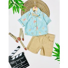 Frizya Keten Gömlek Şort 4lü Takım - Mavi