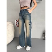 Kadın Vintage Efektli Yüksek Bel Wide Leg Kargo Pantolon