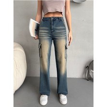Kadın Vintage Efektli Yüksek Bel Wide Leg Kargo Pantolon