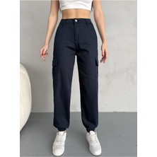 Kadın Yüksek Bel Paçası Lastikli Jogger Kargo Cep Pantolon