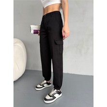 Kadın Yüksek Bel Paçası Lastikli Jogger Kargo Cep Pantolon