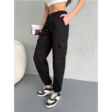 Kadın Yüksek Bel Paçası Lastikli Jogger Kargo Cep Pantolon