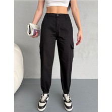 Kadın Yüksek Bel Paçası Lastikli Jogger Kargo Cep Pantolon