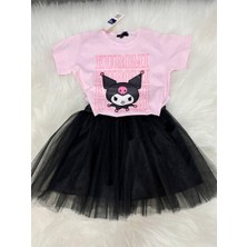 Kız Çocuk Kuromi Baskılı Pamuklu Pembe Tshirt Beli Lastikli  Astarlı Siyah Tütü Etekli Alt Üst Ikili Takım