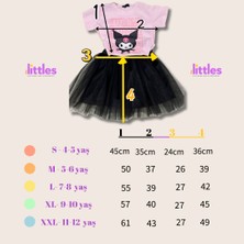 Kız Çocuk Kuromi Baskılı Pamuklu Pembe Tshirt Beli Lastikli  Astarlı Siyah Tütü Etekli Alt Üst Ikili Takım
