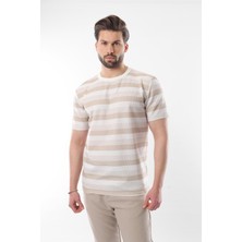 Bej Bisiklet Yaka Çizgili Erkek T-Shirt E7118