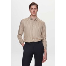 Twn Slim Fit Bej Çizgili Viskon Gömlek 4EC02AP212592