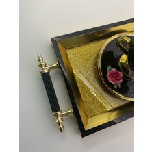 Lüks - Gold Simli Siyah Şeritli Çay - Kahve -Süs -Nişan -Söz Tepsisi – Dayanıklı ve Şık Tasarım