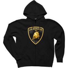 Lamborghini Logo 2 Siyah Fermuarlı Kapşonlu Sweatshirt