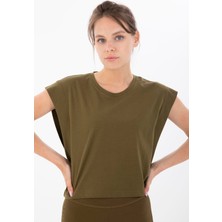 Maraton Regular Kadın Bisiklet Yaka  Zeytin Crop Top