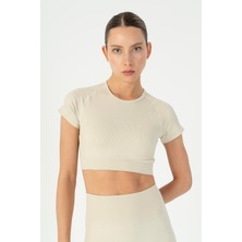 Maraton SlimFit Kadın Bisiklet Yaka  Bej- Crop Top