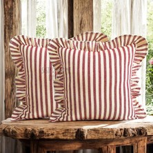 2'li Fırfırlı Çizgili Keten Kırlent Kılıfı, Kırmızı Çizgili