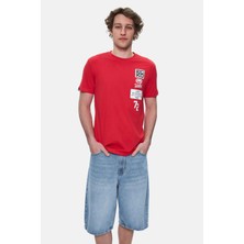 Tomlınson Kırmızı Bisiklet Yaka Baskılı Standard Fit Erkek Tshirt
