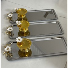 Çelik Dikdörtgen Beyaz Çiçekli Sunum Tepsisi ve Gold Makaronluk 3 Lü Takım