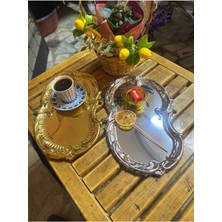 Işleme Desenli Gold ve Gümüş Sunum Tepsisi Altın ve Gümüş Rengi Kahve Çay Söz Çeyiz Tepsisi 2 Adet