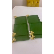 Yeşil Renk Kare Model 6 Lı Sunum Tepsisi Kelebek Alsesuarlı Lüx