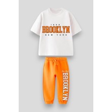Magu Erkek Çocuk Pamuklu Turuncu Brooklyn Yazılı Eşofman Takımı - Şehir Temalı Spor Kombin