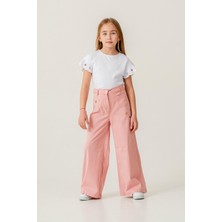 Magu Kız Çocuk Pamuklu Beyaz Nakış Detaylı T-Shirt ve Pembe Pantolon Takımı - Çiçek Işlemeli Şık Kombin