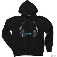 Music Is Life Siyah Fermuarlı Kapşonlu Sweatshirt