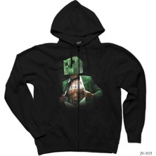 Minecraft Creeper Tnt Siyah Fermuarlı Kapşonlu Sweatshirt