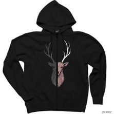 Geyik Çizim Siyah Fermuarlı Kapşonlu Sweatshirt