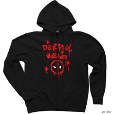Deadpool Was Here Siyah Fermuarlı Kapşonlu Sweatshirt