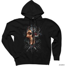 Skull Robotic Siyah Fermuarlı Kapşonlu Sweatshirt