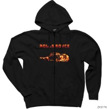 Rolls Royce In Fire Siyah Fermuarlı Kapşonlu Sweatshirt